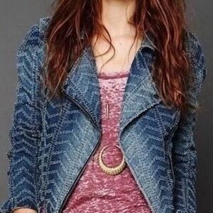 Free People Punched Denim Moto Herringbone Blue Jean Jacket Size 6